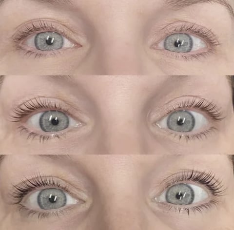 Before and after comparison showing the effect of mascara application on eyelashes, displaying three stages of mascara use on blue eyes