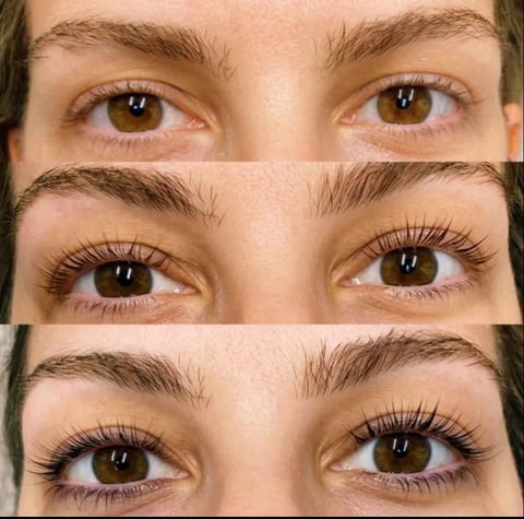 Before and after comparison of eyelash extension application showing natural lashes transforming to fuller, longer lashes
