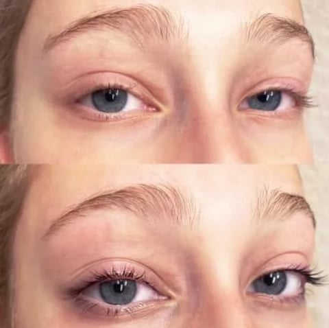 Before and after comparison of eye makeup application showing natural eyes above and enhanced eyes with mascara and eyeshadow below