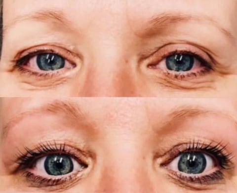 Before and after comparison of eye makeup application showing natural eyes above and eyes with mascara and eyeliner below