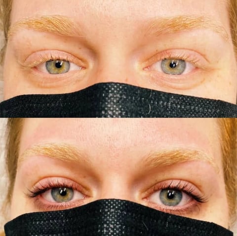 Before and after eye makeup comparison showing natural look above and enhanced lashes and eyeshadow below