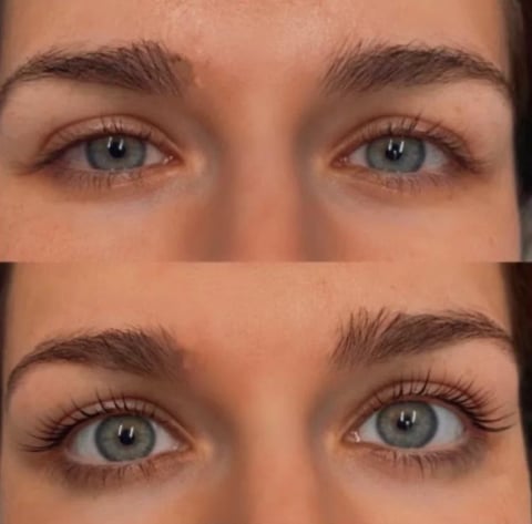 Before and after comparison of eye makeup application showing natural and enhanced lash looks