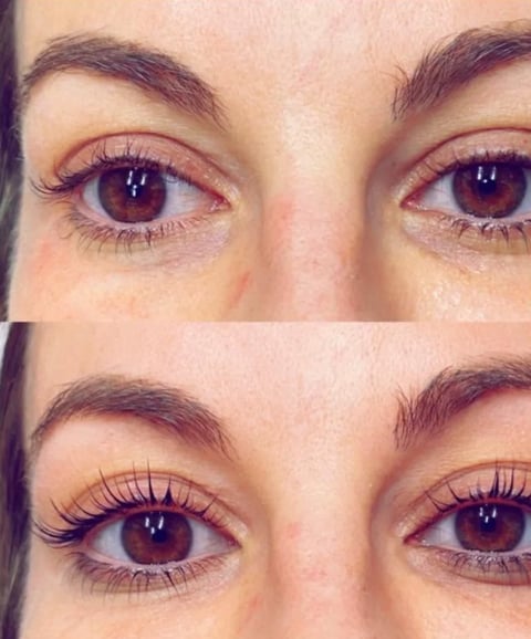 Before and after comparison of eyelash extension results showing fuller, darker lashes in the after image