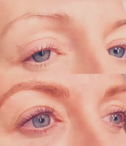 Before and after comparison of eye makeup application showing natural brows and enhanced lashes with eyeshadow