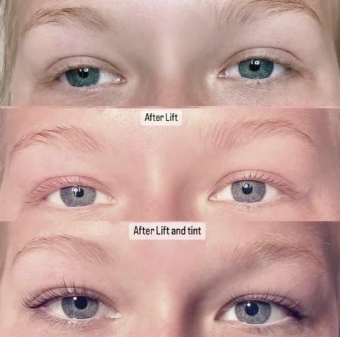 Before and after comparison of eye makeup application showing results of lash lift and tint treatments