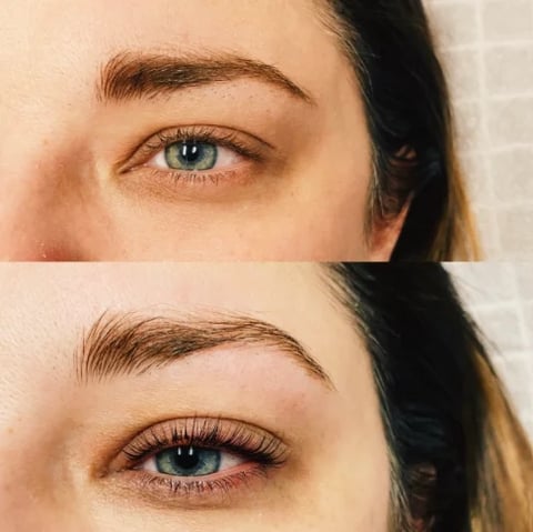 Before and after comparison of eyebrow enhancement, showing fuller, darker brows in the after photo